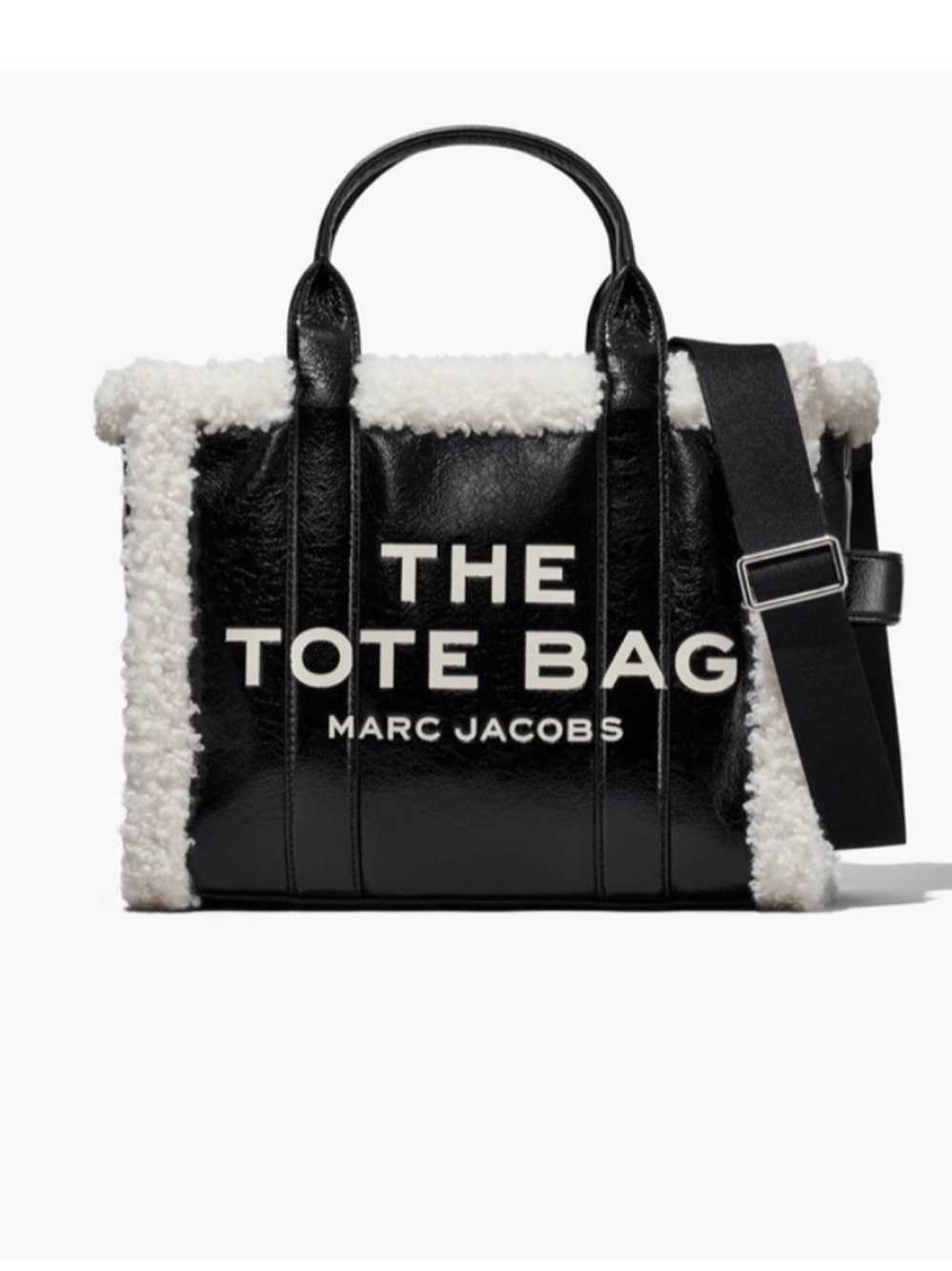 NWT Marc Jacobs Small Crinkle Tote Shearling Trim Bag Black Cream